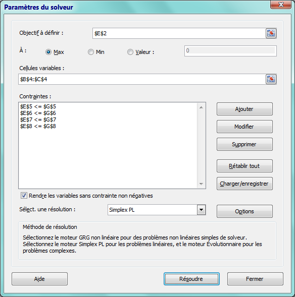 Parametre Solver Simplex Resoudre